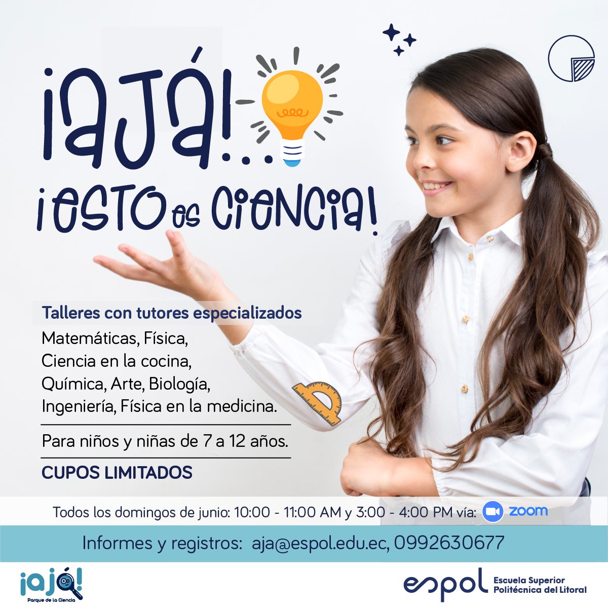 espol's tweet photo. Junio es el mes del niño, por eso @aja_espol te trae talleres gratuitos online para entretener a tus hijos, mostrándoles el lado divertido de la ciencia, con las actividades más estimulantes para el desarrollo de su inteligencia. ¡Dales lo mejor, ciencia y diversión! https://t.co/HY87UUmAre