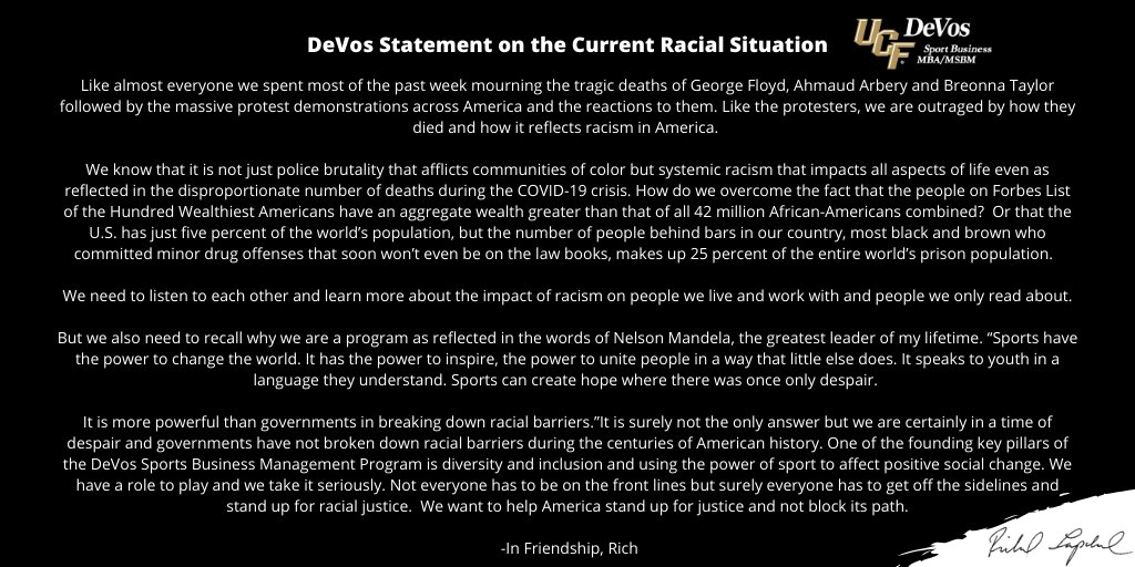RichardLapchick's tweet photo. Here is a current statement from myself and the  ⁦@UCFDeVosSBM program on the current racial situation in the United States. As a program we continue to stand up for racial justice. We need to re-double our efforts. #BlackLivesMattter ⁦@InstituteSSJ ⁦@WomensSportsFdn
⁩ ⁦ https://t.co/daAP63xQU6
