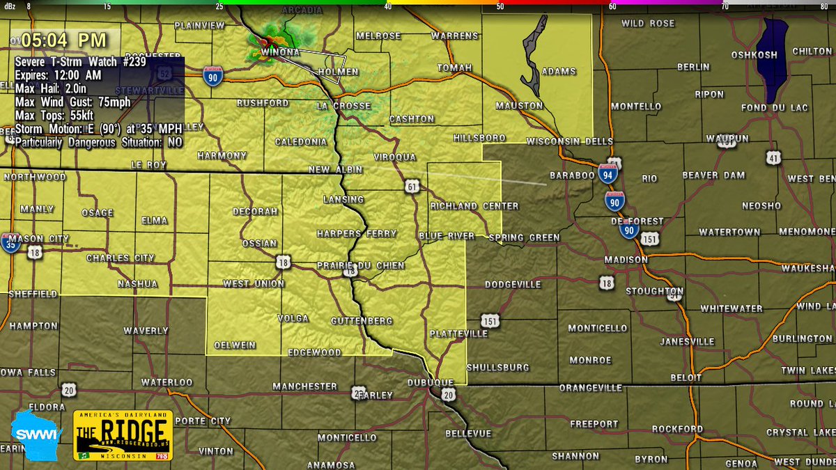 #SWWIalert
SEVERE THUNDERSTORM WATCH for Crawford, Grant, and Richland Counties until midnight.

Conditions are favorable for scattered damaging winds and isolated significant gusts to 75 mph. Scattered large hail &amp; isolated very large hail events to 2" diameter are also likely.