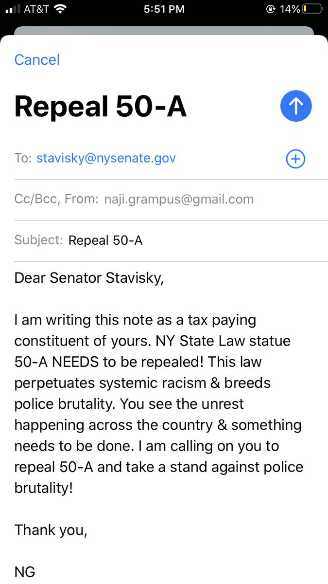 NajiChill's tweet photo. How about we make a real challenge go viral? I challenge New Yorkers who really care about police brutality. Take 5 mins &amp; E-mail your State Senator &amp; post it! Tell them to repeal 50-A, the law that allows NYPD to hide cops records of police brutality. #Repeal50A @tobystavisky https://t.co/IqVOvs0VgP