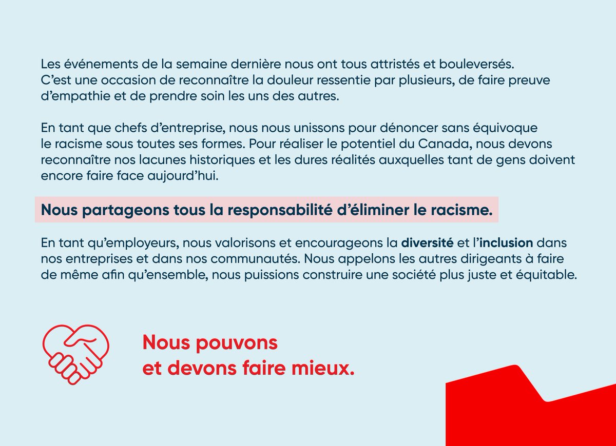 De tout cœur avec la communauté noire et afro-descendante, nous encourageons et nous croyons en l’inclusion de tous au sein de nos équipes et nos communautés.

Lettre co-signée par Louis Vachon, président et chef de la direction de la Banque Nationale pour le <a href="/BizCouncilofCan/">Business Council of Canada</a>