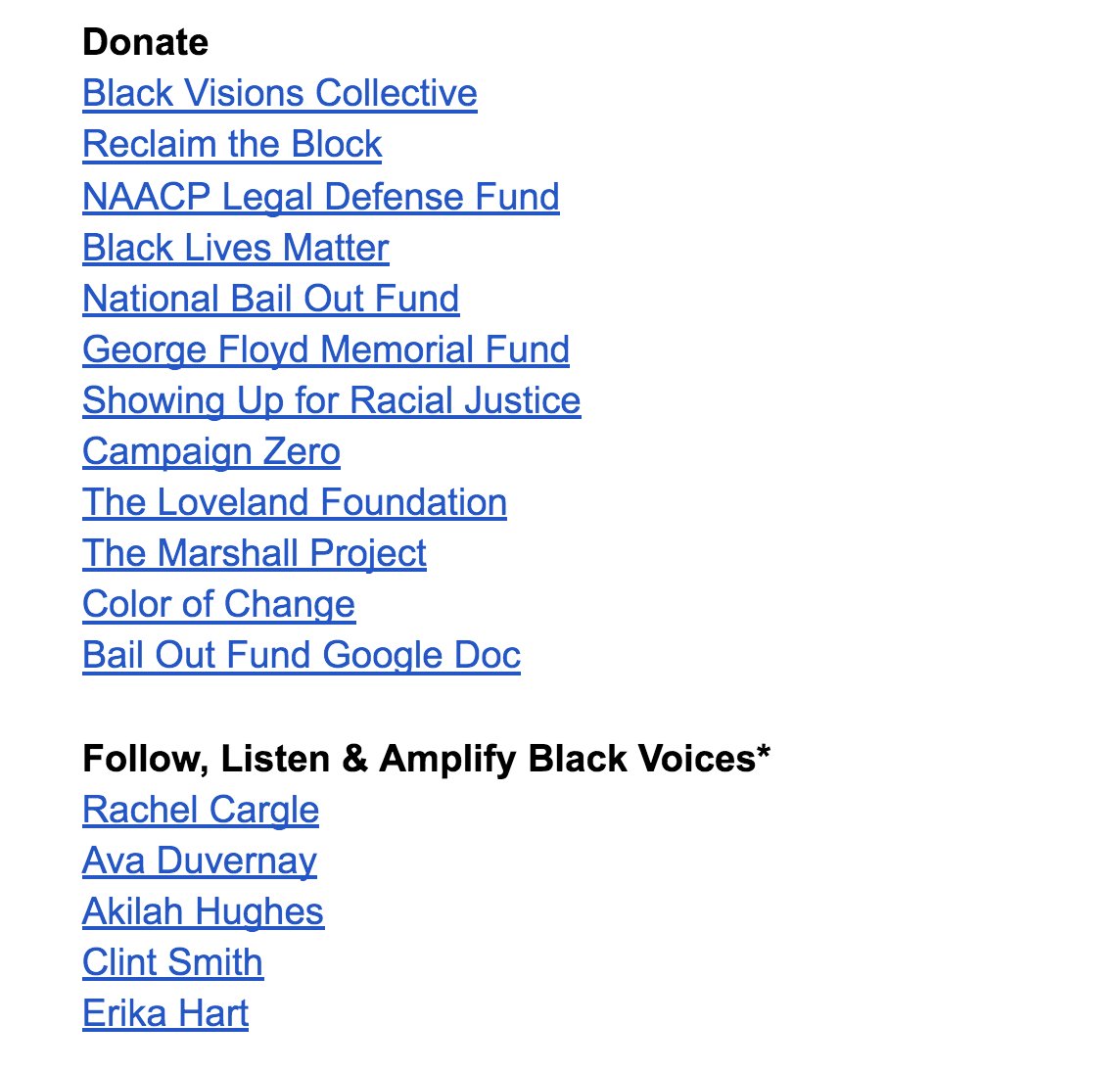 Many new resources added to the google doc. Where to donate, petition, black artists / activists / designers to amplify, back restaurants and shops, etc: docs.google.com/document/d/1zh…