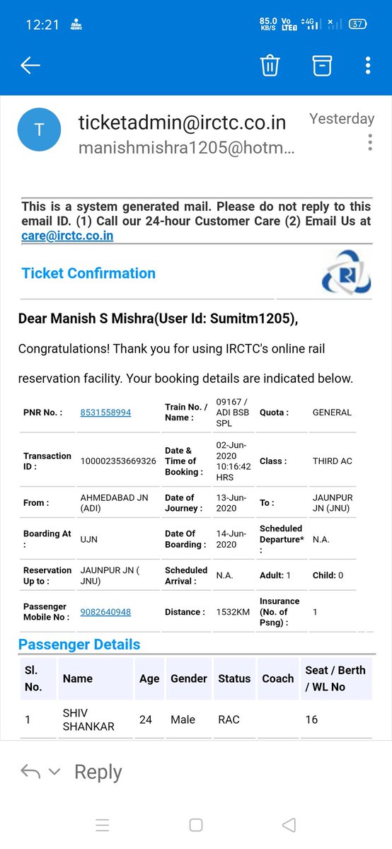 Mishram12's tweet photo. @RailwaySeva I am today Ticked booked online and PNR No 8531558994 but e ticked booked RAC 16.
Just I am cheked online PRN Current status WL4 .
Why??? @IRCTCofficial https://t.co/aESh25coXs