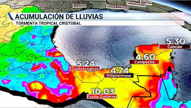 Janetbolivartv's tweet photo. 🌀 Acumulados de hasta más de 10 pulgadas se esperan en el sur de México con las lluvias torrenciales que trae la tormenta #Cristobal. 

➡️ Cantidades aisladas de 25 pulgadas se pronostican para zonas de Tabasco, Veracruz y Campeche, según el último boletín de @NHC_Atlantic. https://t.co/mwRezbbJRK