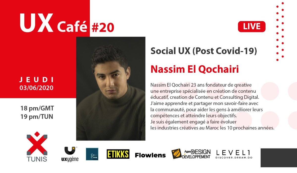 IxdaTunis's tweet photo. Rejoignez-nous jeudi prochain pour une rencontre inédite avec @ElQochairi au #YXCafe by #IXDATunis qui va nous parler de Social UX post #COVID19
Un grand merci pour @melek_abd et @marwen_ux pour la coordination
Inscriptions: https://t.co/ZZjQRr2vax https://t.co/xl3lVtcX3B
