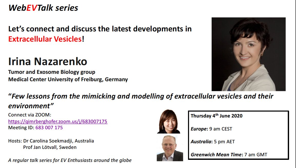 WebEVTalk's tweet photo. Let's find out how mimicking and modeling of EVs and their environment will alter their biological function with @irina_nazarenko! 

Thursday 4th June 2020
Europe: 9 am CEST
Australia: 5 pm AET
7 am GMT

ZOOM ID: 683 007 175

@soekmadji @janlotvall https://t.co/NrkIvE0EJ1