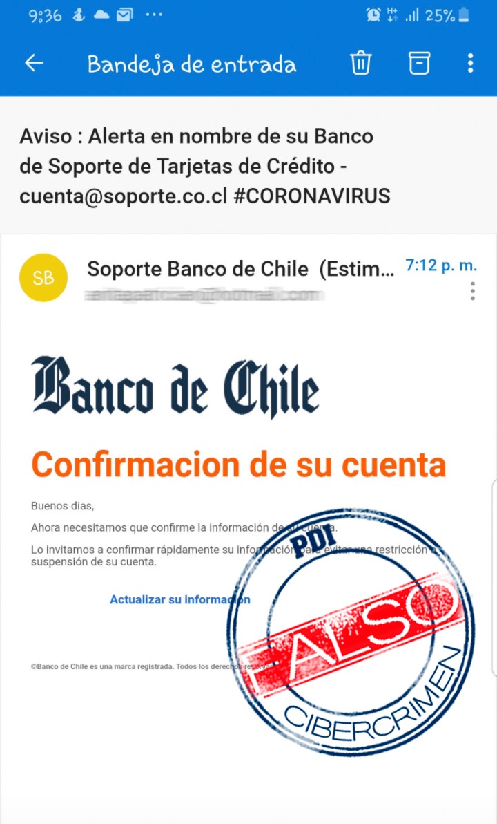PDI_Valparaiso's tweet photo. ⭕️ Atención: intentos de estafa que circulan por correo y mensajería instantánea en los últimos días:
2⃣Mensajes que simulan ser de tu banco y te indican que debe actualizar tu tarjeta de coordinadas o Digipass, y te adjuntan un enlace
#MensajeFalso
#Ciberseguridad
#NoSigasElLink https://t.co/7s9eVLPuqs