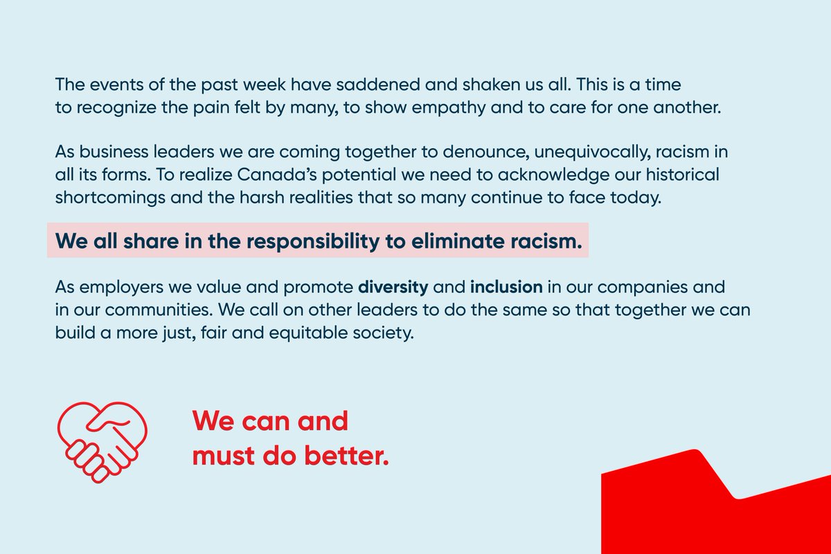 In solidarity with black and Afro-descendant men and women, we encourage and believe in the inclusion of all within and outside our teams and communities. 

Letter co-signed by Louis Vachon, President and Chief Executive Officer of National Bank for the 
<a href="/BizCouncilofCan/">Business Council of Canada</a>