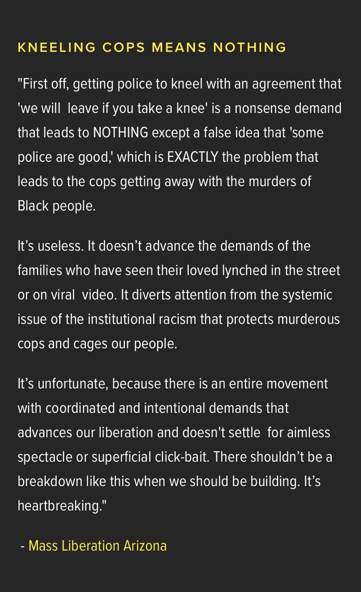 Cops agreeing to kneel diverts attention from the systemic issue of institutional racism that protects murderous cops. #BlackLivesMatter #DefundPolice