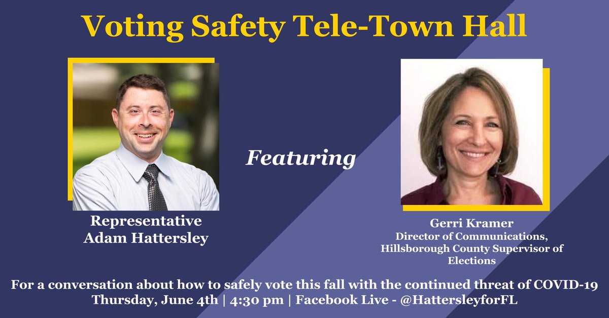HattersleyforFL's tweet photo. This week's tele-town hall will be on THURSDAY instead of our usual Friday date! 

Please join us this THURSDAY, June 4th for a live tele-town hall with Gerri Kramer, the Communications Director for the @HillsboroughSOE! https://t.co/yj5kFr4Kim