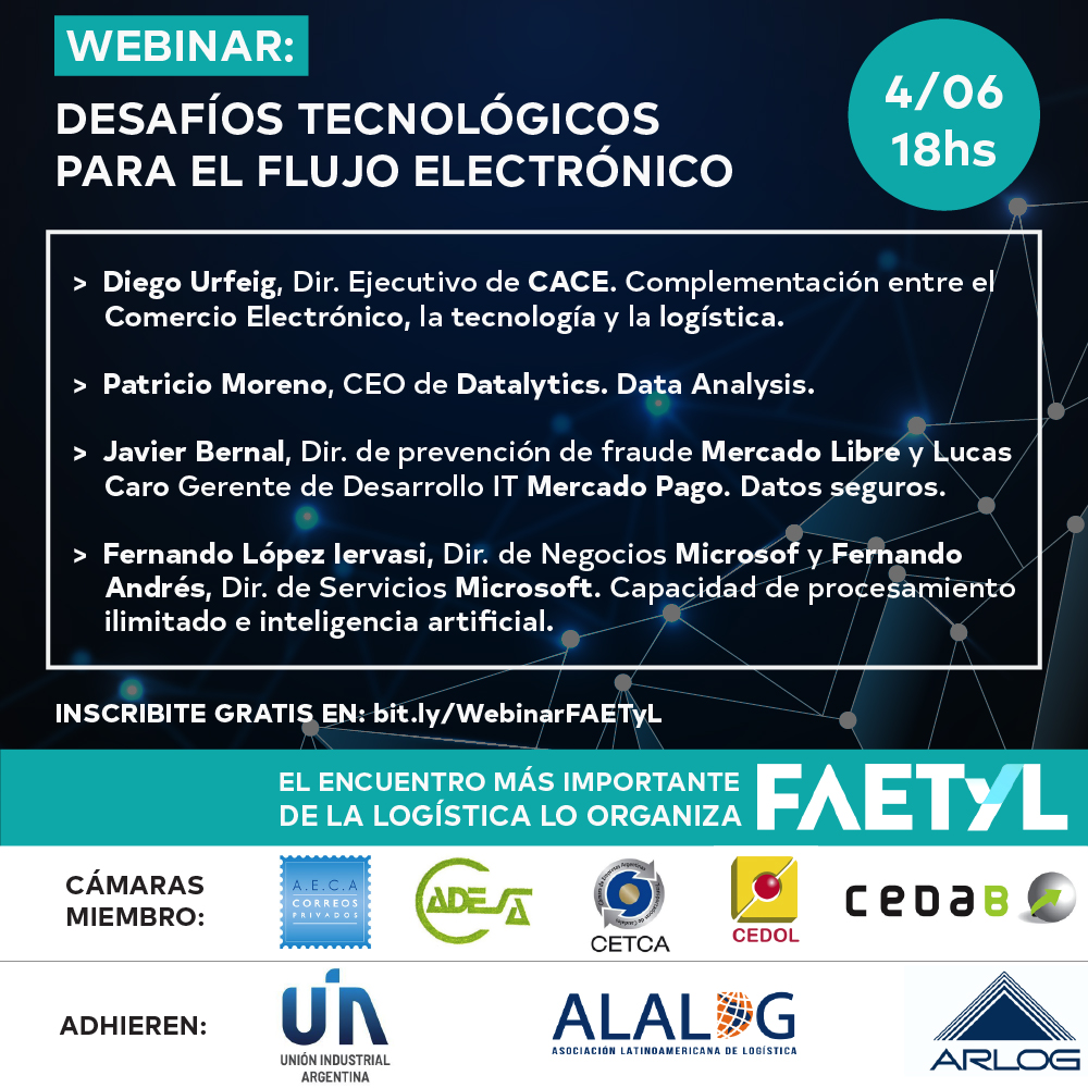 FAETyLok's tweet photo. 💻#WEBINAR: Desafíos Tecnológicos para el Flujo Electrónico (#FAETyL)🌐

📅Fecha: 4/06   ⏰ Hora: 18hs

Un encuentro con disertantes de altísima calidad para tratar temas como #ecommerce, #DataAnalytics y mucho más.

📌Inscribite gratis en: https://t.co/da0Ti2Xzuz https://t.co/HDJvvfUbrL