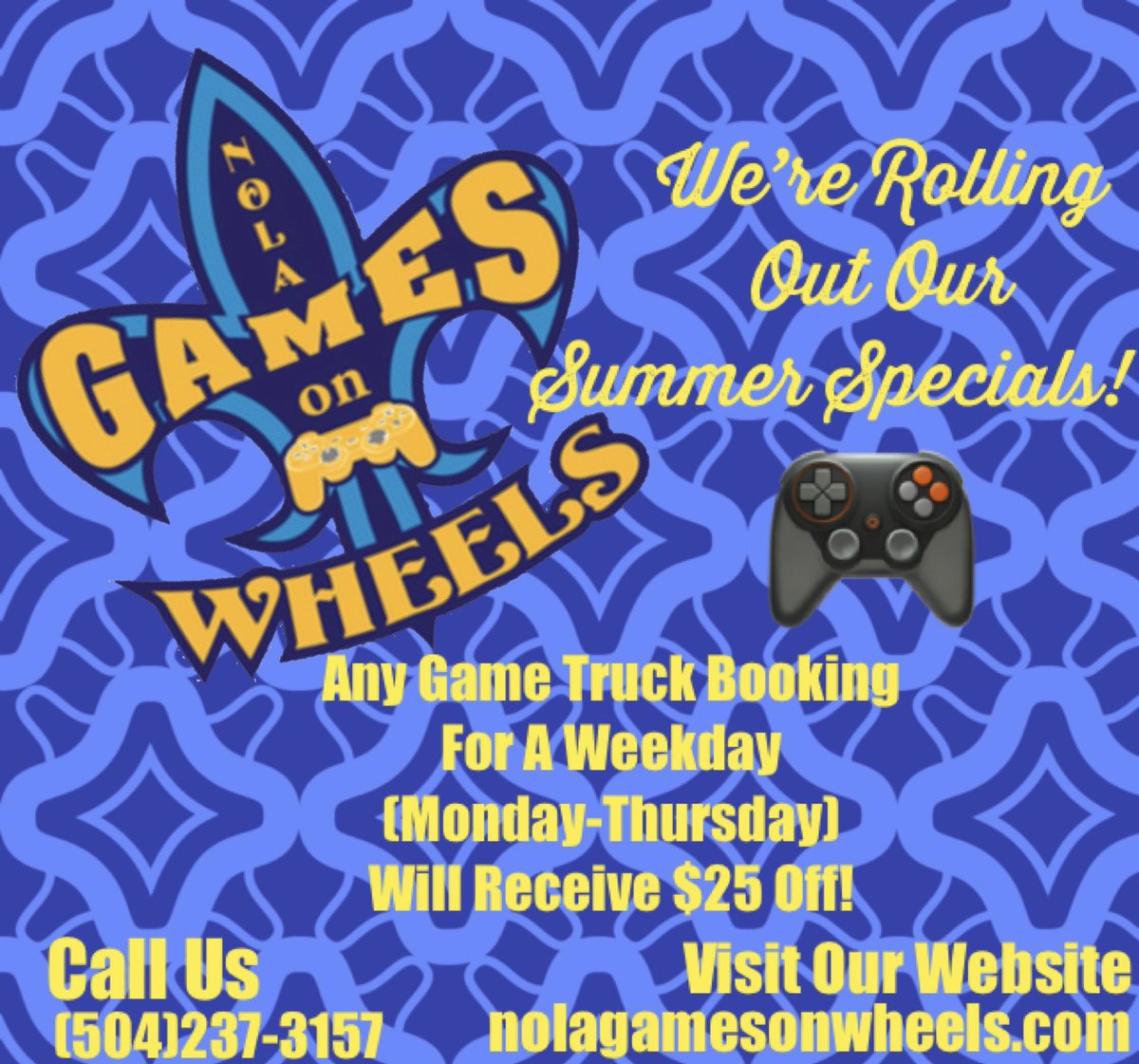 NOLAGames's tweet photo. We’re rolling out our summer specials so any game truck booking for a weekday (Monday-Thursday) will receive $25 off! Call us or visit our website today to find out more!!!! https://t.co/ptcp6uPnDs