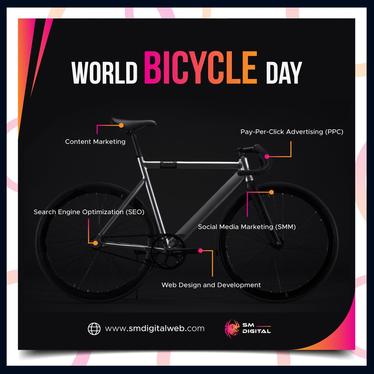 sm_digitalweb's tweet image. We have Compared Digital marketing and services to bicycle and its main parts, Just to make the idea clear of digital marketing clear in terms of SEO SMM PPC content marketing and web design or developing #worldbicycleday #branding #startup #success #bicycle #brand #covid19