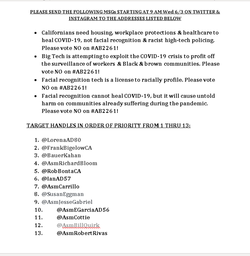 stoplapdspying's tweet image. UPDATE on AB2261- The facial recog tech bill is currently stalled in Appropriations Comm due to ppl power!  Final vote tomorrow! STOP this bill!  PLEASE SEND FOLLOWING MSGs STARTING AT 9 AM Wed 6/3 ON TWITTER &amp;amp; INSTA TO THE ADDRESSES LISTED BELOW
@ChallengeIneq @LA_StudentsDsrv