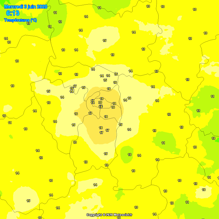 🌡 L'îlot de chaleur urbain est parfaitement observable ce matin en Île-de-France. Il fait 18 à 20°C dans le centre de Paris mais on descend jusqu'à 12°C dans le Val-d'Oise et 10°C dans le sud de la Seine-et-Marne. (via <a href="/Meteovilles/">Guillaume Séchet</a>)