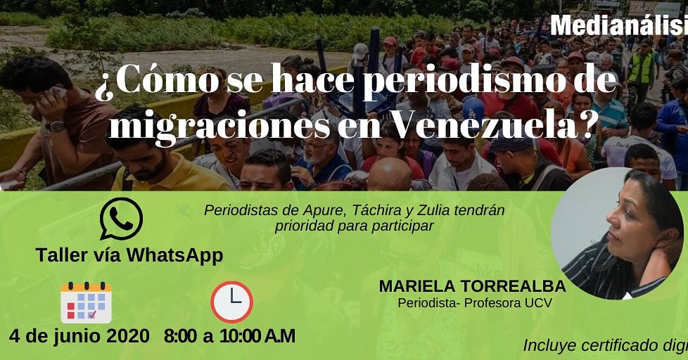 CordovaLuis28's tweet photo. ¿Cómo se hace #PeriodismoDeMigraciones en Venezuela?. Ponente Mariela Torrealba, periodista y profesora UCV. Taller vía whatsapp jueves 4 de junio, de 8 a 10 am. Se entregará Certificado Digital  

@TinedoGuia @Medianalisis @cnpven @DelvalleCanelon @ivonandara02 @ivonandara https://t.co/tnJBtpbISm