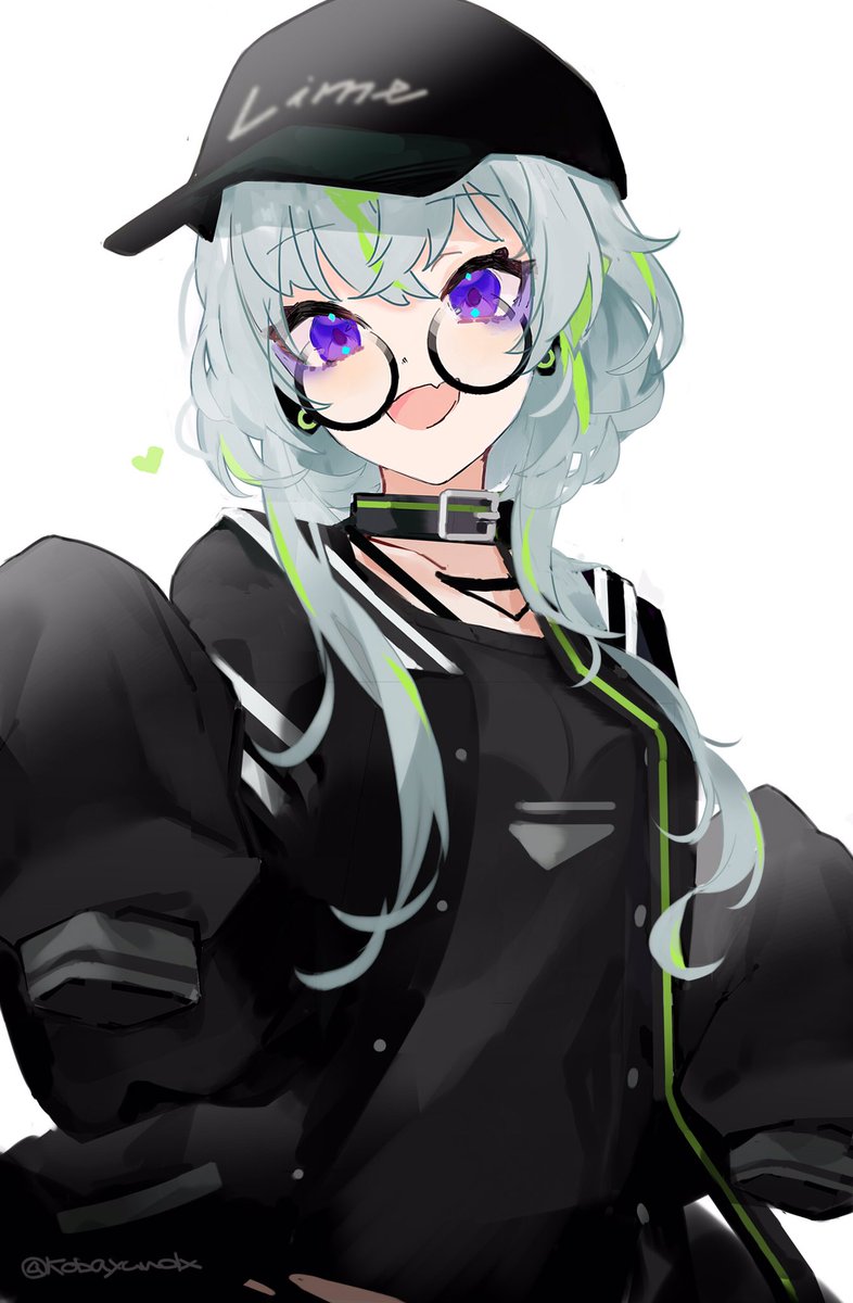 1girl solo hat purple eyes green hair glasses black headwear  illustration images