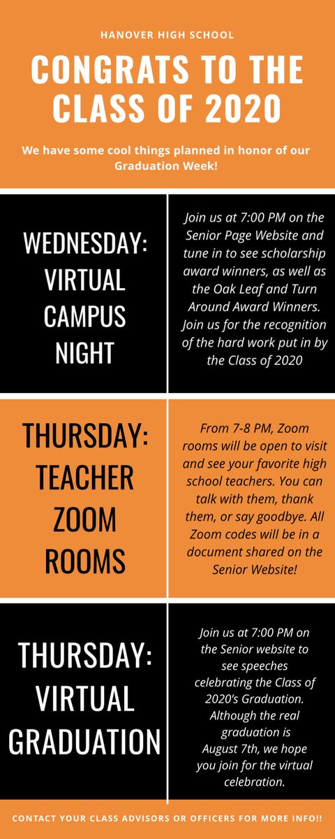 ‼️SENIORS‼️Grauation week is here! Although August 7th, isn’t until a while, there are things planned for our week of graduation! Tune into the Senior Website at: sites.google.com/hanoverpublic.… and see all the cool things planned for you all! Congratulations to the Class of 2020! 🎓🧡🖤