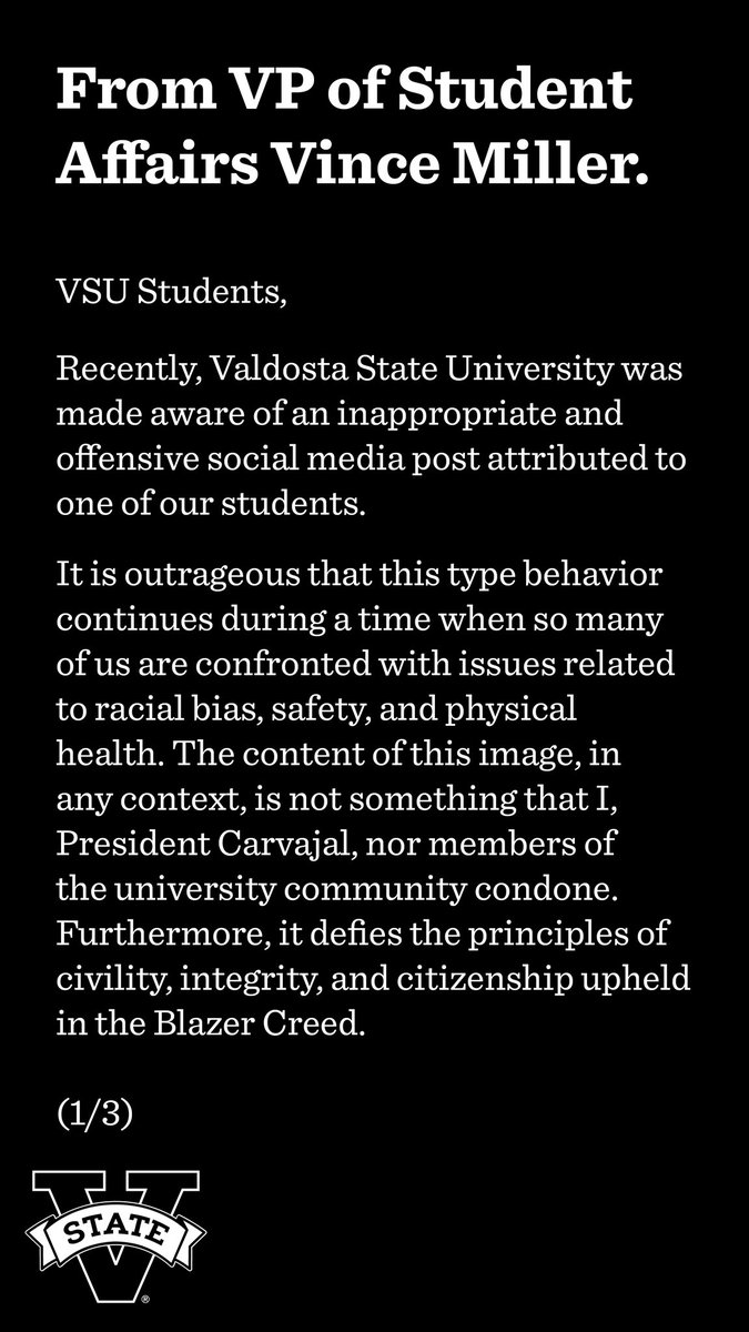 valdostastate's tweet photo. A message from VP of Student Affairs Vince Miller https://t.co/Ie04UJs6TB