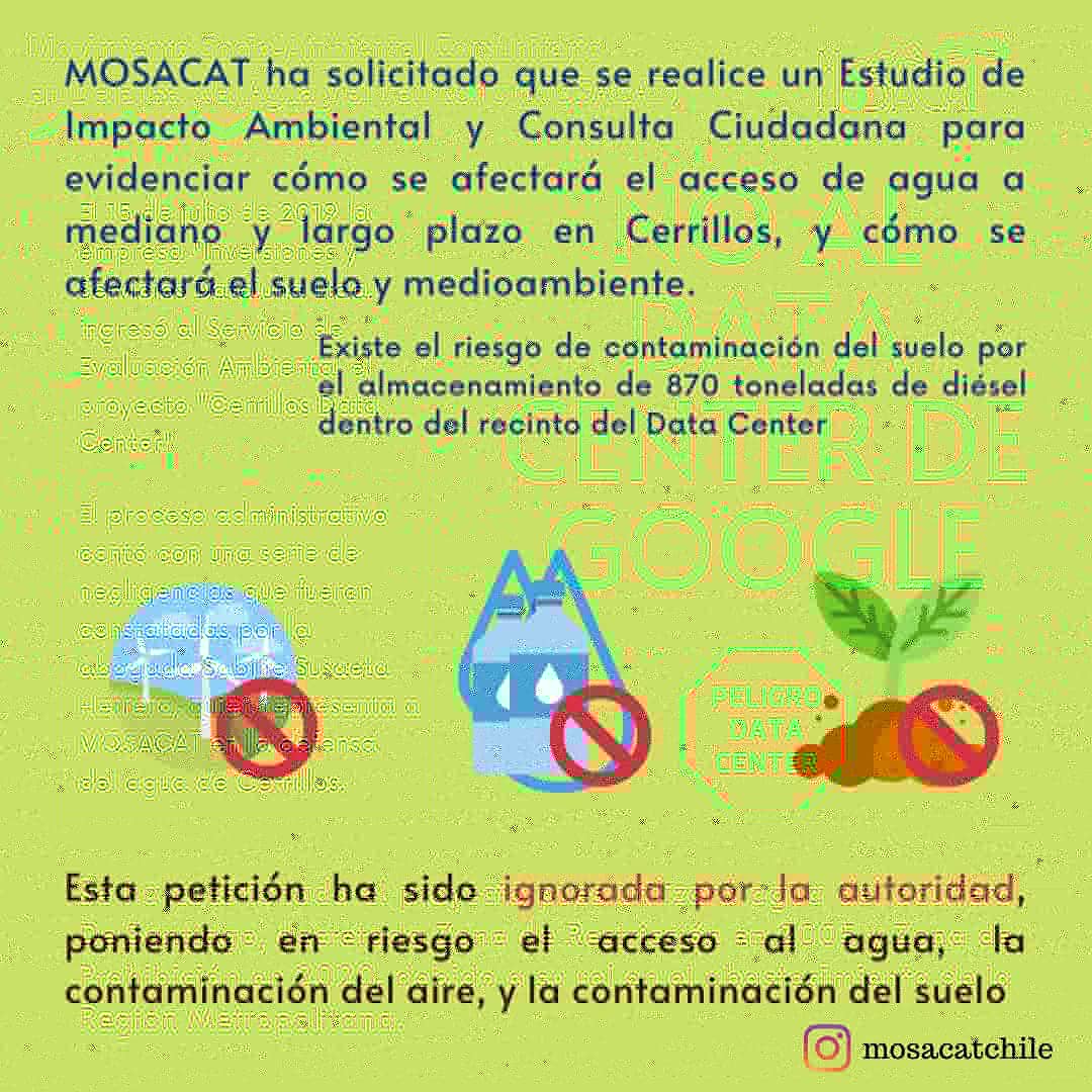 MOSACAT, nace en la comuna de Cerrillos, cómo grupa para defender el territorio del proyecto de Google llamado "Cerrillos Data Center". 
#DevuelvanelAgua
#CambiodeConstitucion
#AsambleaConstituyente