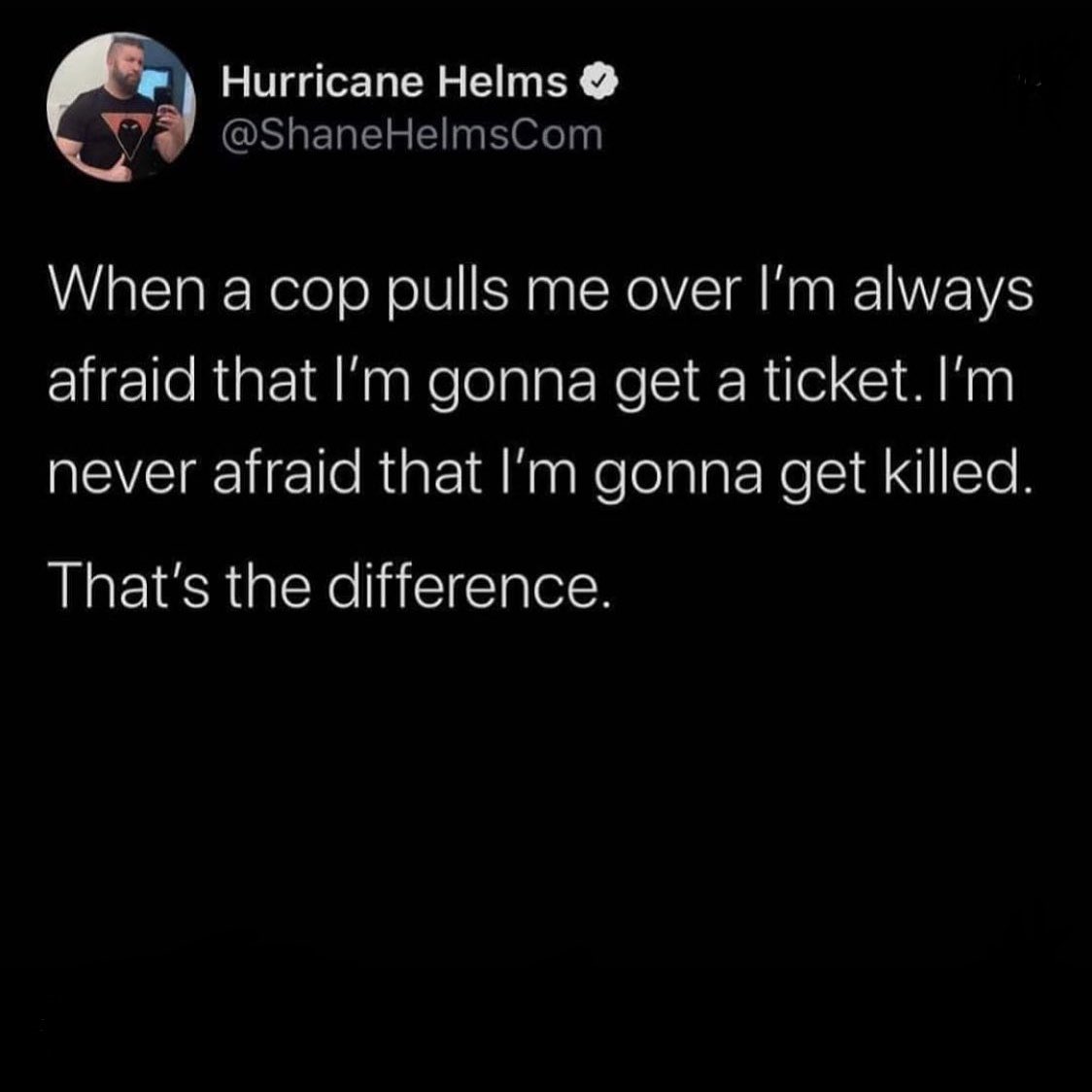 NicSatow's tweet photo. White experience vs the black experience. I’ve never thought anything except “f*ck I don’t want an expensive speeding ticket.” My black friends &amp; family have been accused of stealing cars &amp; were surrounded by 8 squad cars when pulled over. Both petite young black girls. #BLM https://t.co/k6DhiWO2Ul