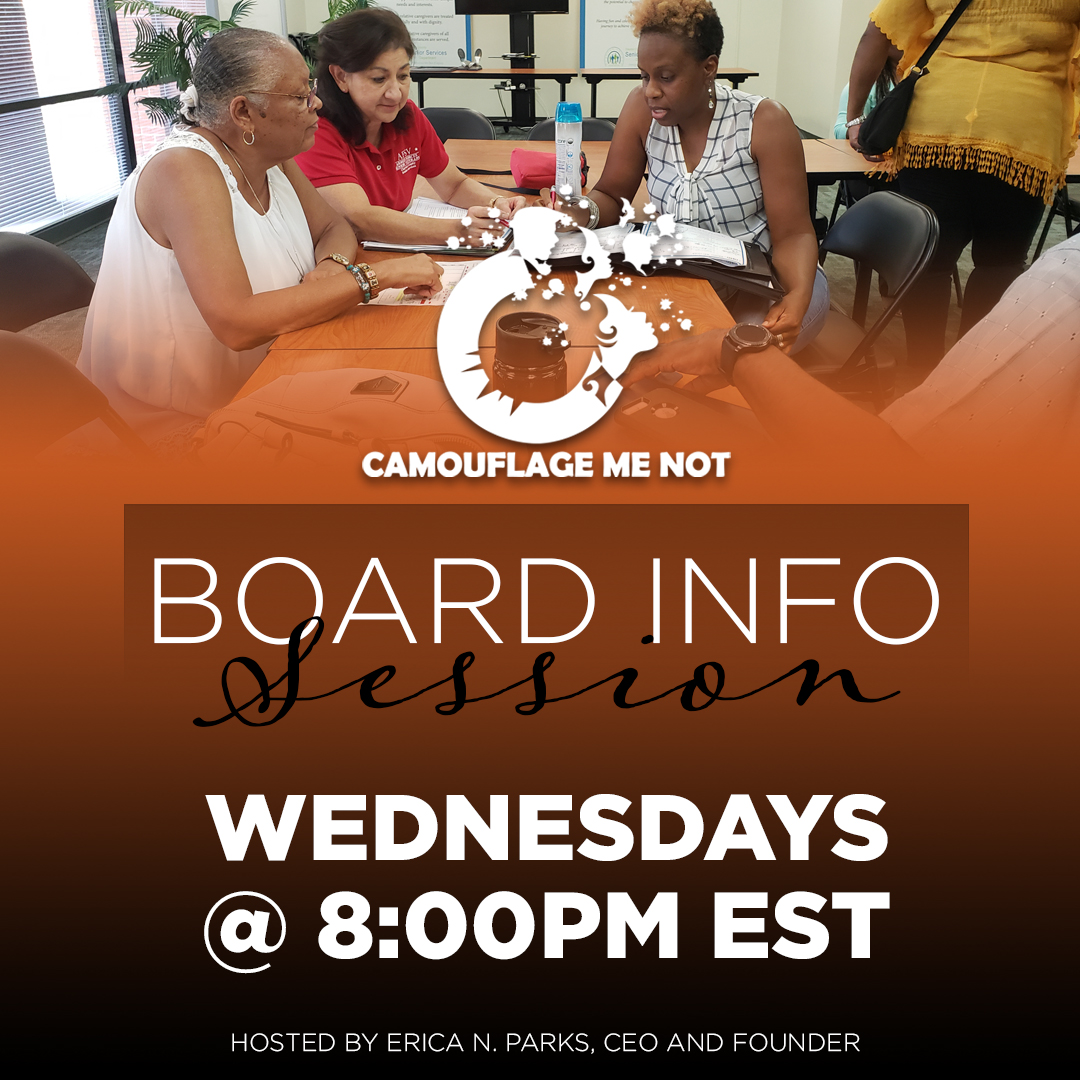 CamouflageMeNot's tweet photo. Join @Eniparks, MPH, CNP,  Our CEO and Founder will host a weekly board info session for prospected candidates. You must register at https://t.co/Ot7tIiI99e to attend one of the sessions. #CamouflageMeNot #GladiatorsforVeterans https://t.co/yTnyCfWufr
