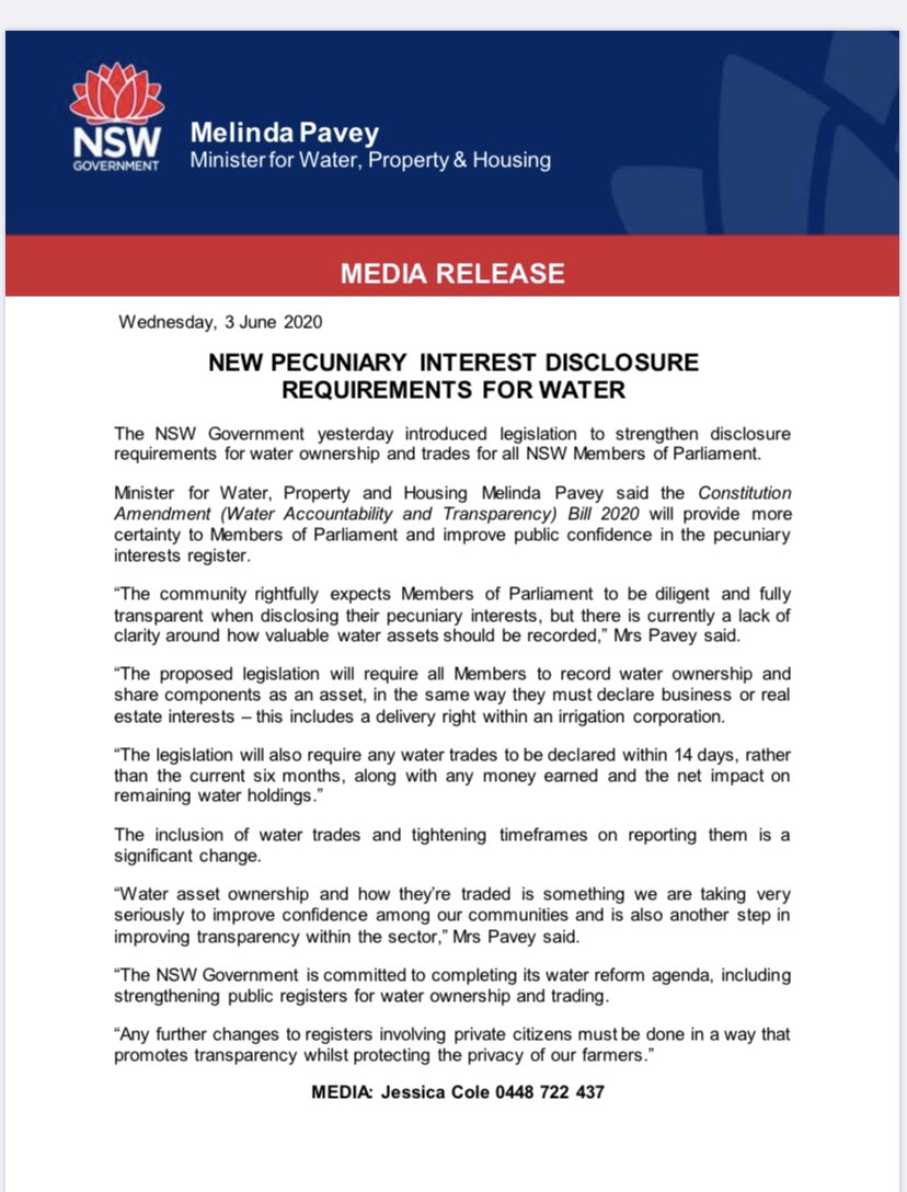 Yesterday I introduced legislation to strengthen disclosure requirements for water ownership and trades for all NSW Members of Parliament. #nswpol