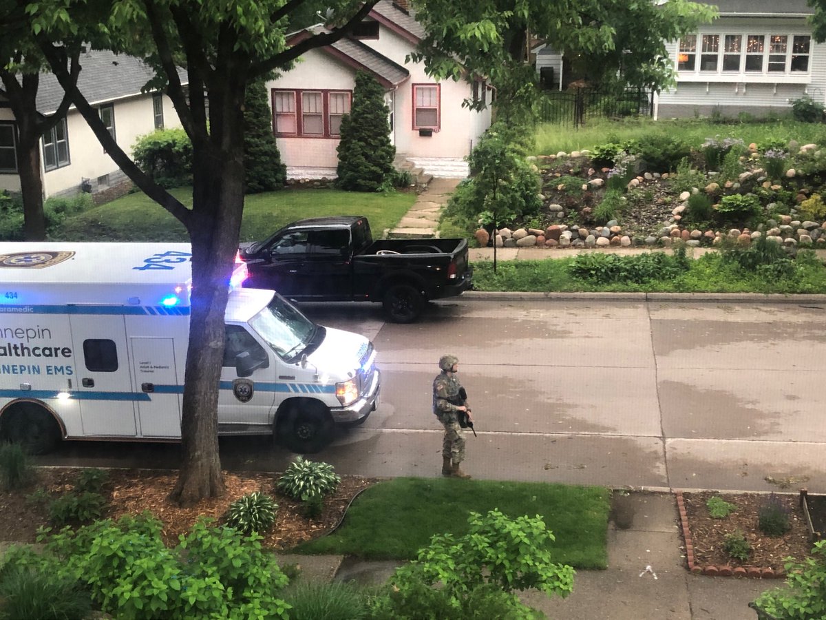 Humanity and empathy.  National Guard escorting an ambulance into our neighborhood to rescue a heart attack victim. Our first responders are at risk every minute. Thank you to these incredible women and men!