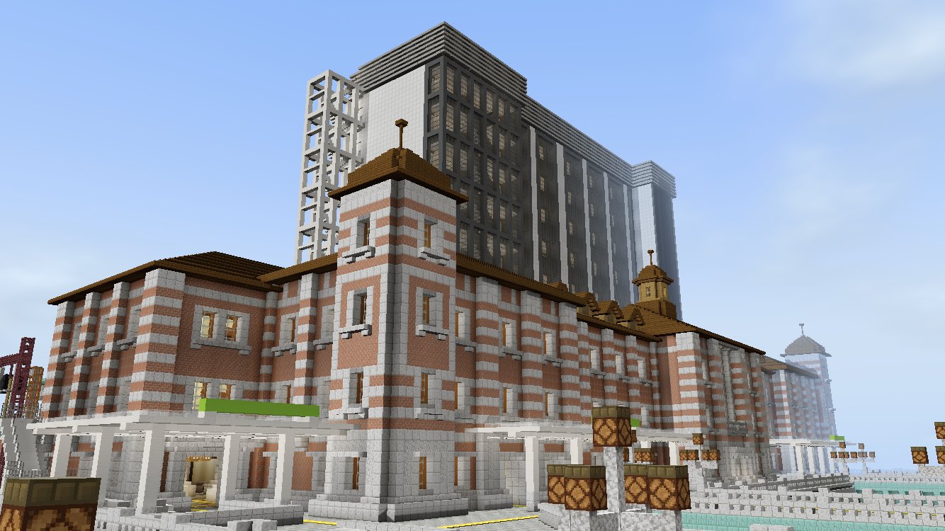 黒樫市 Minecraft現代都市開発 黒樫駅ビル 竣工 Rc造 南側のカーテンウォールはs造で建築 駅舎の外壁を行う為 ビルの低層部は3階まで吹き抜け構造とした 古典様式と現代建築の融合した建物物です Minecraft Minecraft マイクラ マイクラpe