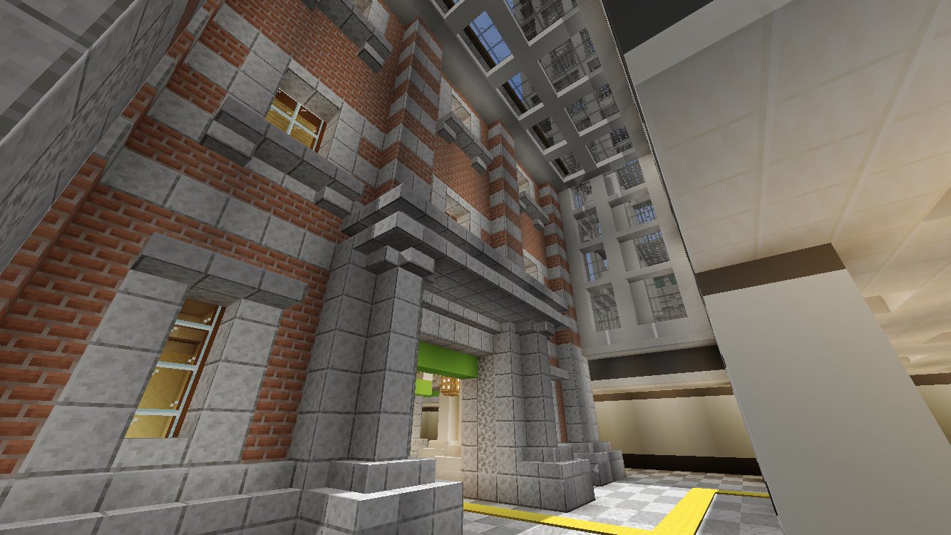 黒樫市 Minecraft現代都市開発 黒樫駅ビル 竣工 Rc造 南側のカーテンウォールはs造で建築 駅舎の外壁を行う為 ビルの低層部は3階まで吹き抜け構造とした 古典様式と現代建築の融合した建物物です Minecraft Minecraft マイクラ マイクラpe