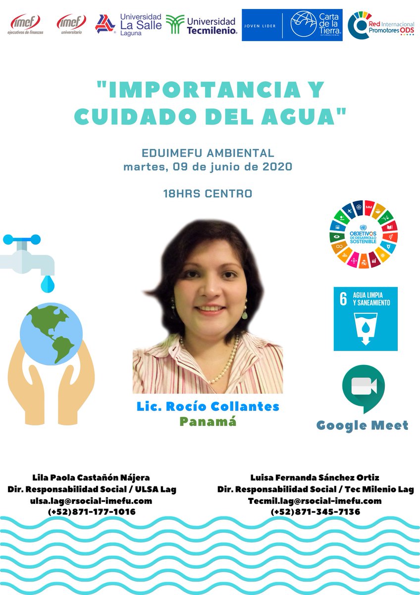 promotorods_pan's tweet photo. Asiste al webinar: "Importancia y Cuidado del Agua" organizado por @imefuniv @LaSalle_MX @Tecmilenio @CartaD_laTierra y @red_promotores : https://t.co/CM30kZ9YJW Inscripciones hasta el lunes, 08 de junio de 2020. ¡TE ESPERAMOS! #CartadelaTierra #JLCT2030 #RIPO2030 #IMEF2020 https://t.co/jueBa8hqKe
