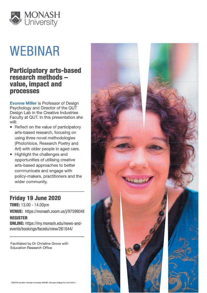 @evonnephd will be presenting 'Participatory arts-based research methods - value, impact and processes' in a webinar for @MonashUni to be presented online on Friday, 19 June, 2020. #qutdesign #webinar #learnmore #engage Learn more: research.qut.edu.au/designlab/even…