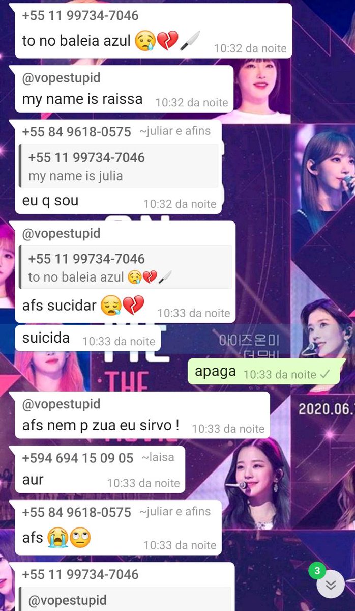 prints do squad da @/vopestupid onde ela faz piada com >>>suicídio e depressão <<<  e ainda tem mais de 11k de seguidores,vsf