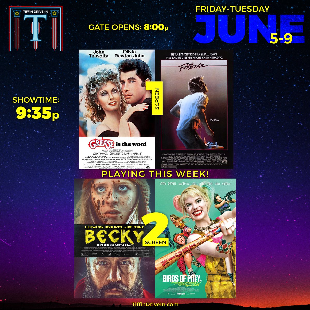 This week’s movies: <a href="/GoGrease/">Grease</a> with Footloose on screen 1; Becky with <a href="/birdsofpreywb/">Birds of Prey</a> on screen 2.

Purchase tickets online: 
TiffinDriveInTheater.SimpleTix.com

#TiffinDriveIn #Grease #Footloose #Becky #BirdsOfPrey