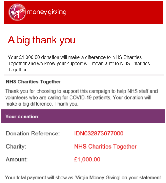 We decided to donate a percentage of all orders received to  <a href="/NHSCharities/">NHS Charities Together 💙</a> to do our part and here is our second donation of £1000, bringing our total donations to an impressive £3000. We couldn't have done it without our staff and our customers, a big thank you to everyone! 🥳