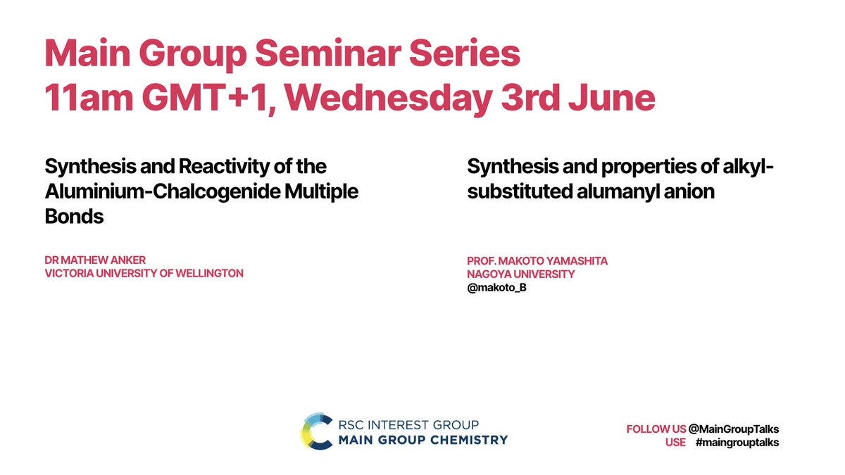 MainGroupTalks's tweet photo. Final reminder of our seminar today, coming up in one hour, with @makoto_B and @DrAnker15. Register here if you haven't yet:  https://t.co/6swoFDIpJk #maingrouptalks #AnywhereChem https://t.co/nULpdMLNcV