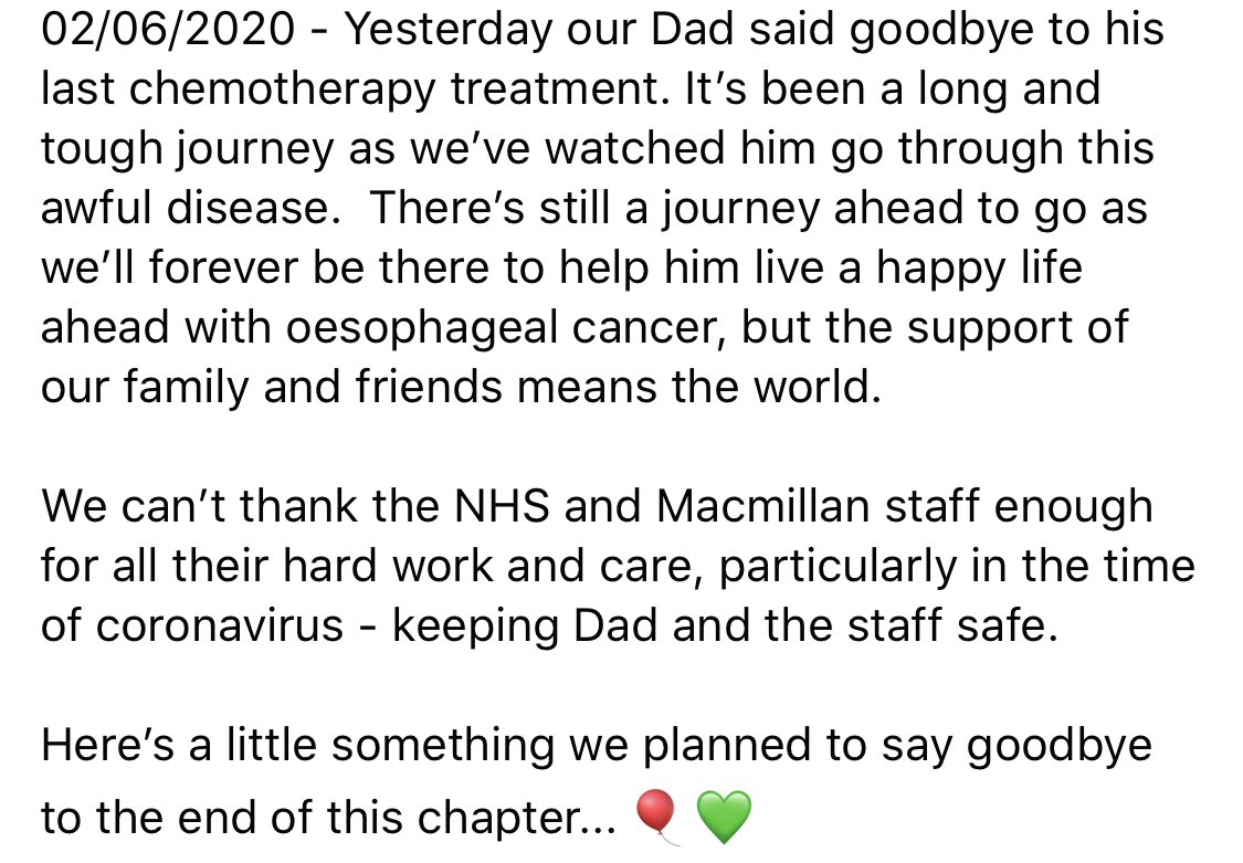 AmarettosWorld's tweet photo. 02/06/2020 - Yesterday our Dad said goodbye to his last chemotherapy treatment. It’s been a long and tough journey as we’ve watched him go through this awful disease. Here’s a little something we planned to say goodbye to the end of this chapter... 🎈💚 https://t.co/O87Wk4yoHj