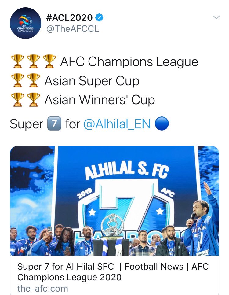 بطولات الأندية #السعودية على المستوى القارّي

١- #الهلال
دوري الأبطال (٩١ -٢٠٠٠-٢٠١٩)
كأس الكؤوس (٩٦ -٢٠٠٢)
السوبر (٩٧-٢٠٠٠)

٢- #الإتحاد
دوري الأبطال (٢٠٠٤-٢٠٠٥)
كأس الكؤوس (٩٩) 

٣- #النصر
كأس الكؤوس (٩٨)
السوبر (٩٨)

٤- #الشباب
كأس الكؤوس (٢٠٠١)
#القادسية  
كأس الكؤوس (٩٤)