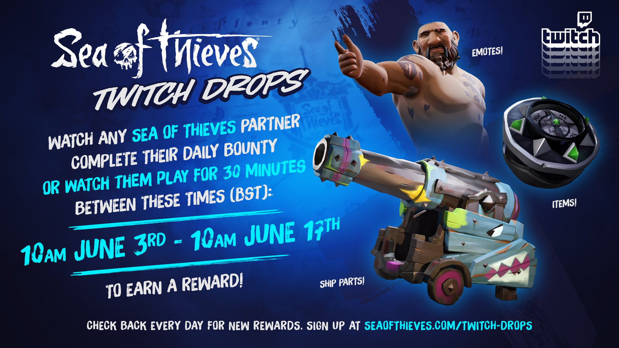 Sea Of Thieves Twitch Drops Are Now Live Watch Sea Of Thieves Partnered Streamers Over The Next 14 Days To Unlock Mutinous Fist Ship Set Parts Onyx Equipment And Emotes