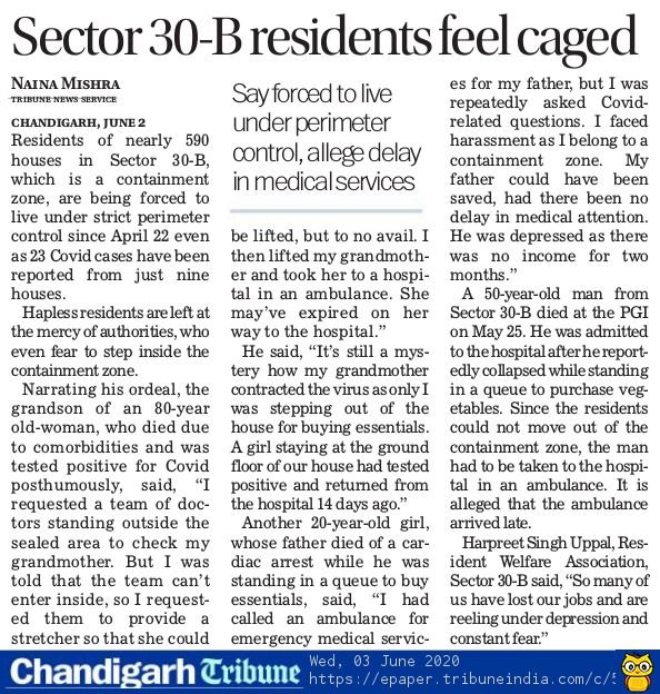Nainamishr94's tweet photo. Sector 30 B so far: 23 infections in 9 houses while 590 houses caged; 2 deaths cried for medical attention

Here is a personal account of families who have lost their loved ones

@thetribunechd https://t.co/Nb9I5w1nBo