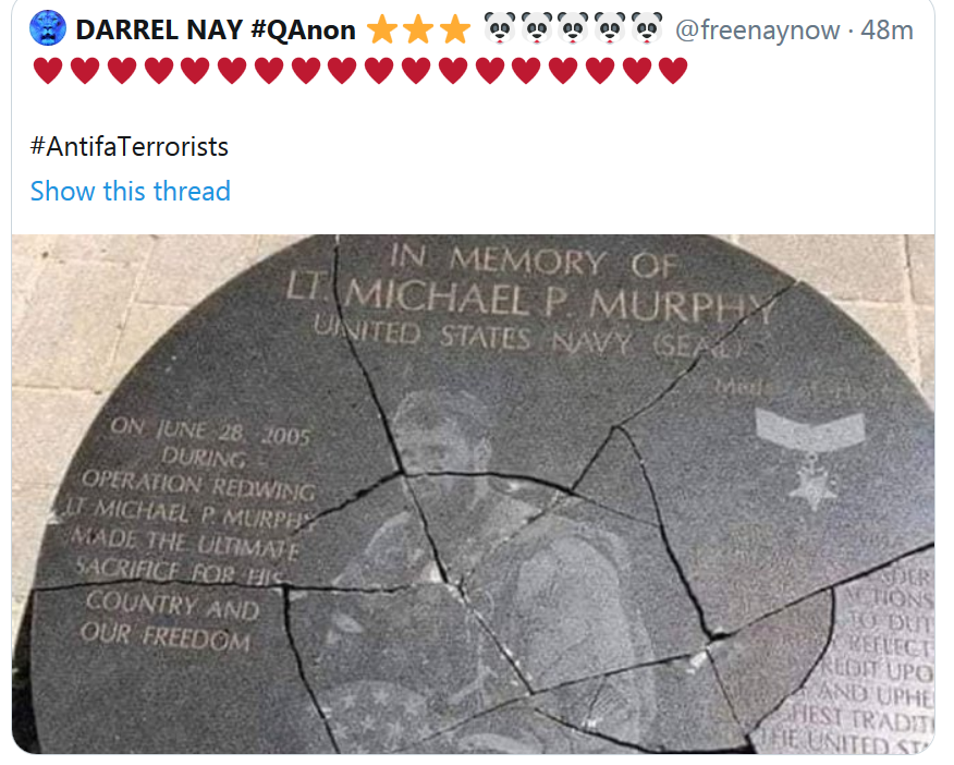 Freelassie's tweet photo. @freenaynow Dear Lord... they ARE satan's spawn. Our revered warriors. God weeps. And hero #LtMichaelMurphy plaque? A sacrilege to those who know his extraordinary bravery and giving all for us. That brings an especially deep stab to the ♥. Special place for these monsters.... https://t.co/n9roQZMcKx