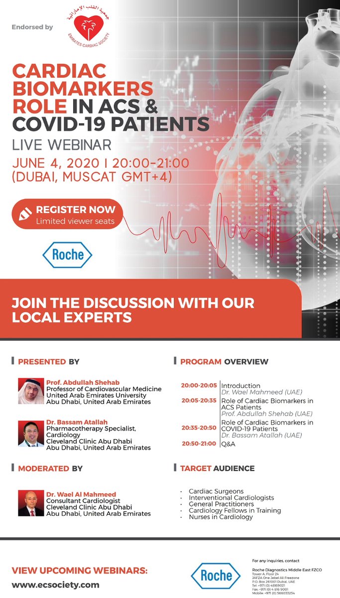 LIVE WEBINAR
CARDIAC BIOMARKERS ROLE IN ACS &amp; COVID-19 PATIENTS
JUNE 4, 2020 - 20:00 to 21:00 (Dubai, Muscat Time GMT+4)
Register Now (Limited Viewer Seats)
live.medgress.com/ecs-rch-1/regi…