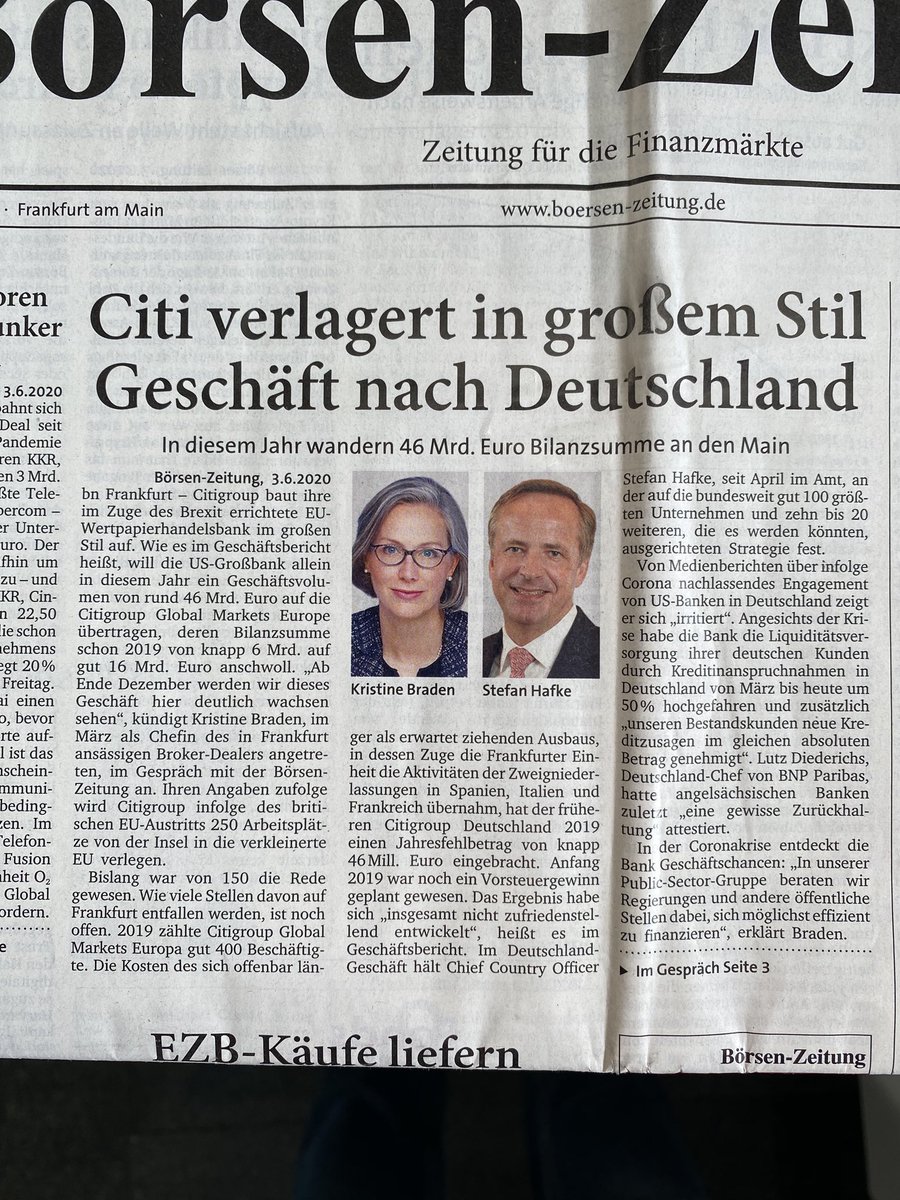 #Citigroup #Auslandsbanken #Brexit Citigroup baut mit ihrem Broker-Dealer in Frankfurt für die Zeit nach dem Brexit ein Riesenrad. Ihre Sicht auf den deutschen Markt erklärt die neue Führung für Europa und Deutschland in der heutigen Ausgabe der Börsen-Zeitung.