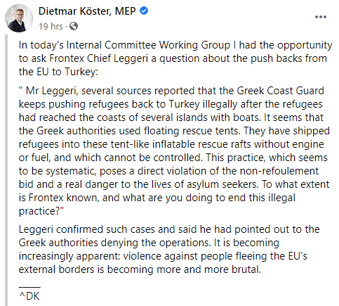 itamann's tweet photo. 1/ Many thanks to MEP Dietmar Köster (Germany - SPD) for confronting Fabrice Leggeri, Executive Director of @Frontex on the violent deportations of asylum seekers in the Aegean. https://t.co/D07jdzuFnu