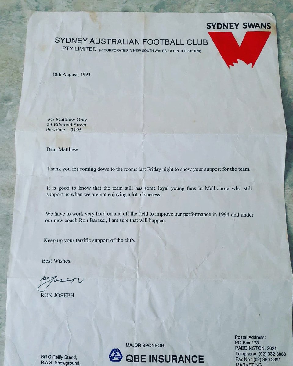 1993 - I’m 11. Again I’d snuck into the <a href="/sydneyswans/">Sydney Swans</a> rooms. I approached then coach Ron Barassi &amp; asked where to get a team poster. He introduced me to Ron Joseph who took my details. A week later I received a team poster &amp; this letter. Can’t wait for the return of footy! 🔴⚪️🔴