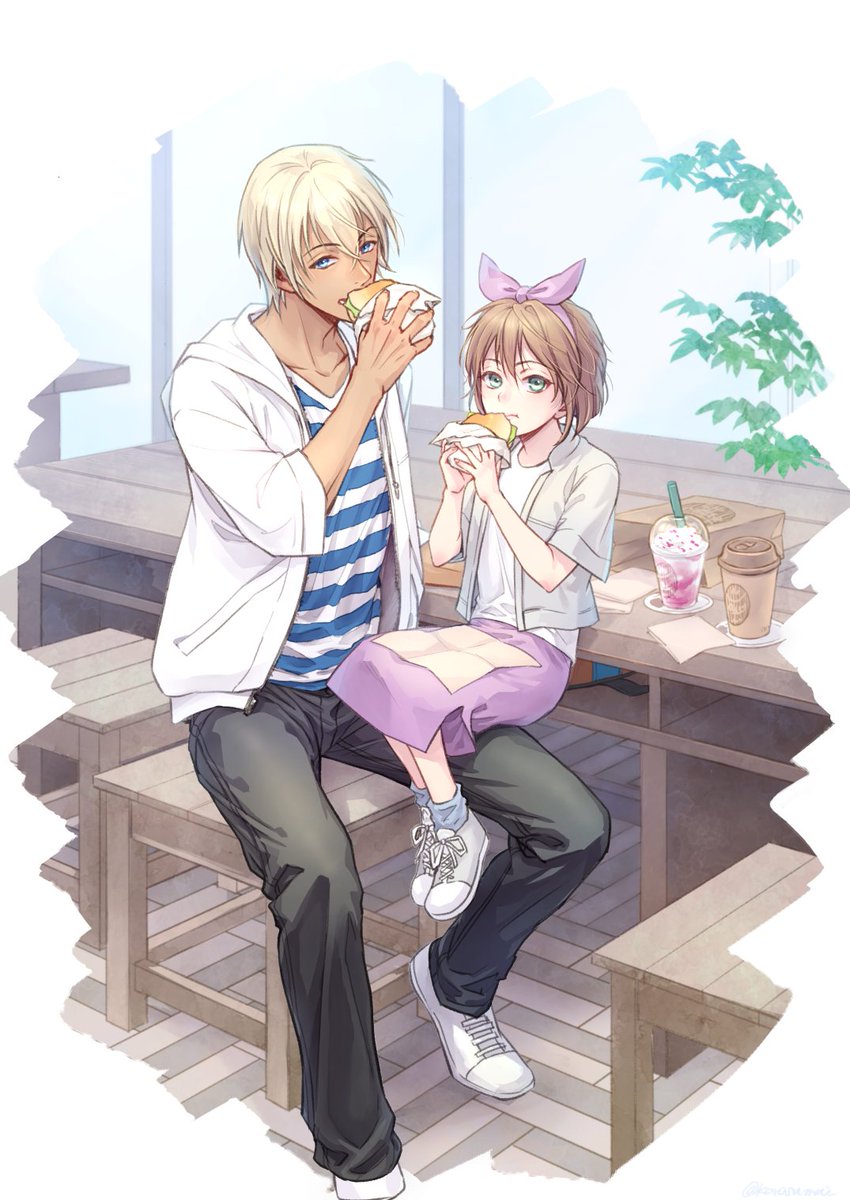 1girl 1boy food white footwear sitting shirt skirt  illustration images