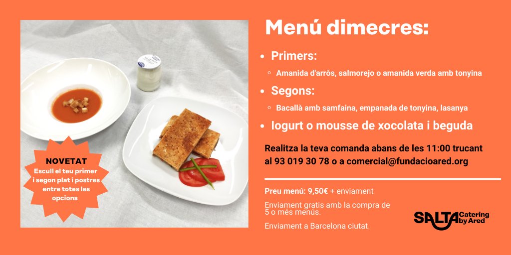 SaltaCatering's tweet photo. 🍽️ Ja tenim llest el menú per aquest dimecres!

Tria el teu primer i segon plat, així com les postres i t'ho portem a casa o a l'oficina 🛵 Què et ve més de gust?

Bon profit 🧡 #SaltaCatering al teu gust! https://t.co/GvMk7Gfvy8