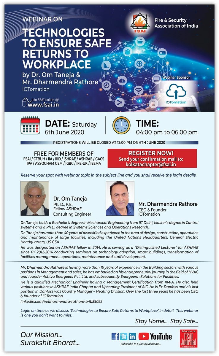 Another #Webinar in a row!

We are going host a webinar with #FSAI. 
Join us to explore how #IoT technologies can help building operators make a #contactless #safereturn to workplaces post #lockdown.  See the details below:  #IOTomation #Smartbuildings #IoTapplications