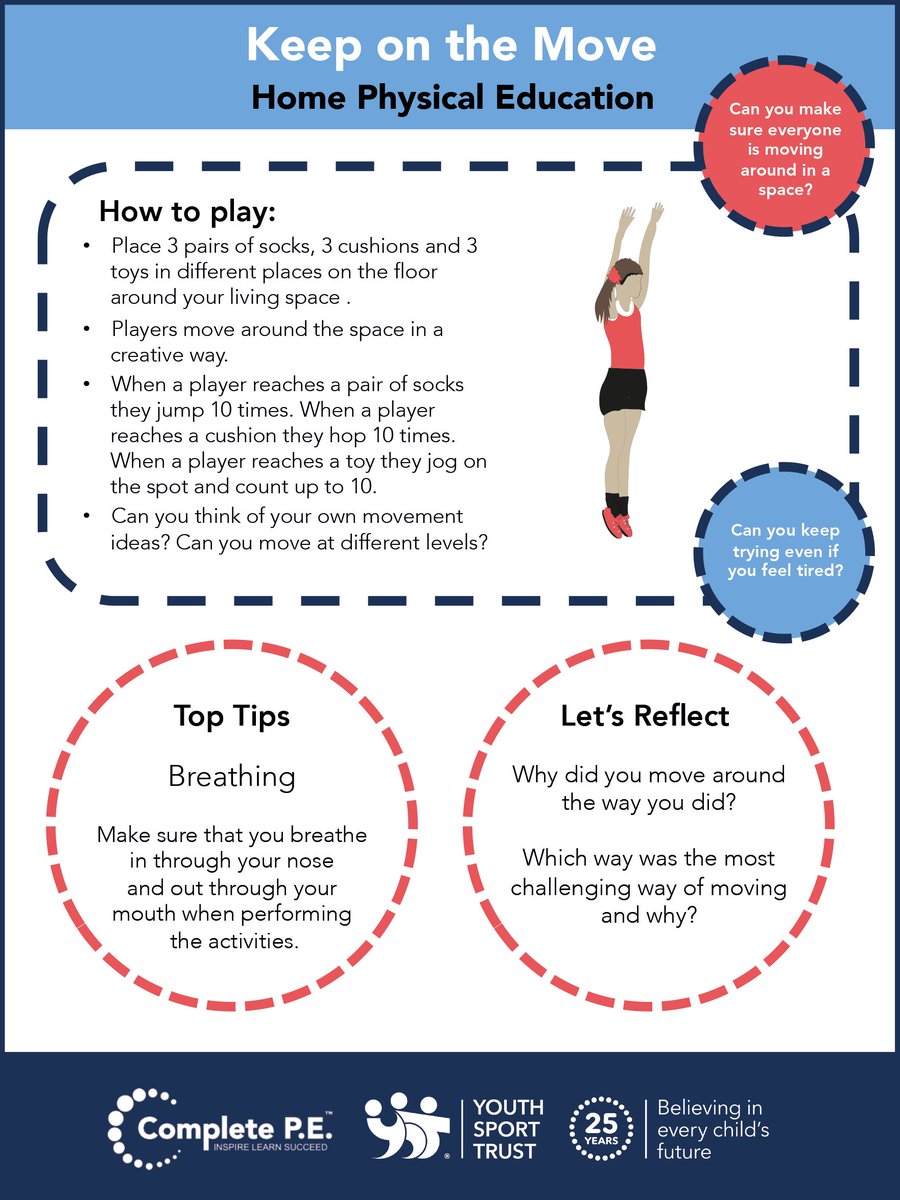YouthSportTrust's tweet photo. Today's PE home learning activity is Keep on the Move! Can you keep going even when you are tired? How creative can you be with your movement patterns? @Complete_PE  #StayHomeStayActive https://t.co/HgYUP6sf7Y https://t.co/oM6UQuoVAR