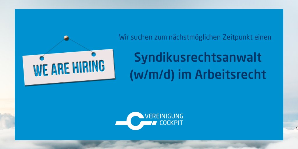 Die Vereinigung Cockpit sucht zum nächstmöglichen Zeitpunkt einen Syndikusrechtsanwalt (m/w/d) im Arbeitsrecht am Standort Frankfurt. 

Weitere Infos hier: vcockpit.de/fileadmin/doku… 

Wir freuen uns auf Ihre Bewerbung! 
#job #stellenanzeige #anwalt #arbeitsrecht